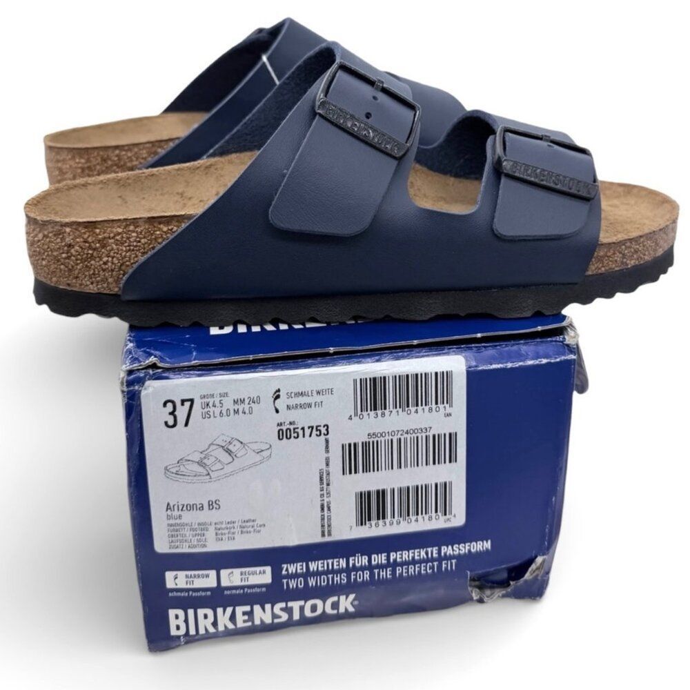 Birkenstock Arizona Navy Sandals EU 37 Two Strap Slide Slip-On Cork Footbed - Picture 3 of 12